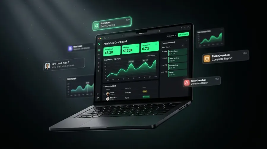 Dashboard automatyzacji z kalendarzem, CRM i analityką sprzedaży